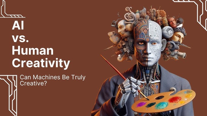 AI vs Human Creativity illustrated with a split image of a human hand painting on canvas and an AI-generated digital artwork side by side